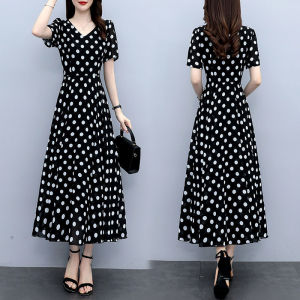 Polka Dot Chiffon Dress Womens Long Summer New plus Size Waist Cinching Slimming Belly Covering Two-Piece Set