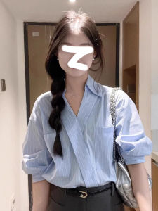 French Blue Striped Professional V-Neck Womens Shirt Bubble Sleeve Design Sensation Spring Summer New Style Commute Style Loose Fit