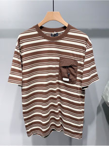 Summer New Arrival Trendy Loose-Fitting Casual Round-Neck Stripes Short Sleeve T-shirt Heavy Weight Patchwork Pocket Trendy All-Matching T-shirt