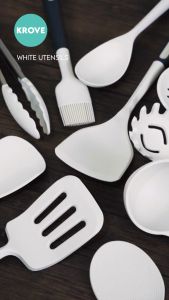 White Silicone Kitchen Utensils Non Stick Cooking Tools Spatula Turner Soup Ladle Spoon Brush Duckbill Scooper Pasta Slotted Turner Rice Spoon Skimmer Tongs Utensils Holder Minimalist Puti
