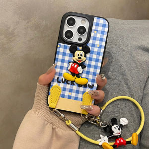 Cute Blue Plaid 3D Mickey Apple 17 pro Max Protection Case with Lanyard Compatible with iPhone 13 16P 16Max Full Cover Anti-Fall
