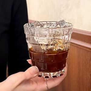 Ins Style Glass Water Cup American Coffee Cup High Aesthetic Value Womens Embossed Stackable Cup Juice Cup Vintage round Shape