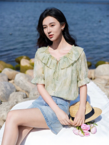XIANGYING | Stylish Puff Sleeve Loose Short-sleeve Chiffon Blouse