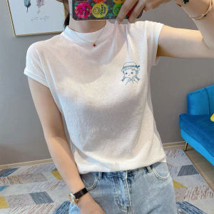 Fashionable Ice Silk Knitted Short Sleeve Womens T-Shirt Beautiful Inner Wear Top Korean Style round Neck Loose Fit Summer New Arrival
