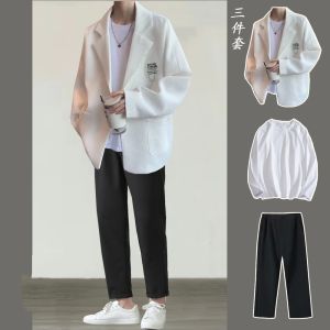 Casual Hong Kong Style Mens Three-Piece Suit Set Long Sleeve Leisure Fashion Brand Outerwear And Pants Spring Season Youth