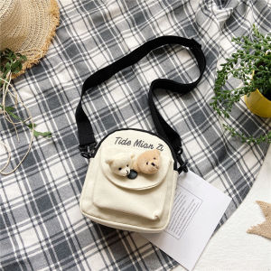 Cute Bear Canvas Crossbody Bag Small Womens Shoulder Bag Commuter Phone Bag Trendy Harajuku Style Backpack for Students