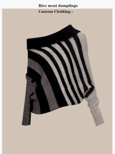 เสื้อสเวตเตอร์คอตั้งลายทางสีดำขาวสีเทาผสมขนสัตว์แบบสวมหัว ทรงสลิมฟิต แขนยาว ปกกลม สำหรับผู้หญิง ฤดูใบไม้ร่วง/ฤดูหนาว