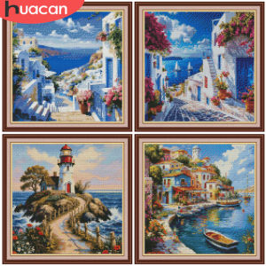 HUACAN Set For Cross Embroidery House Landscape Seaside Hobbies Creative DMC Threads Needlework 11CT Home Decor Handmade