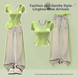 NUMEN BUTTON | Dopamine Short Sleeve Slimming Denim Outfit