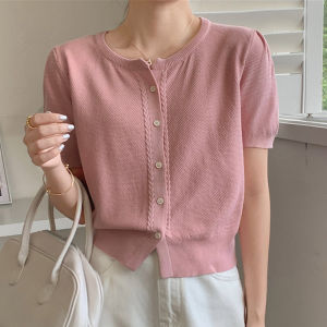 Western Style Waist-Slimming Knitting Cardigan Womens Short with High-Waisted Trousers Western Style Small Shirt Summer Ice Silk Thin T-shirt Top