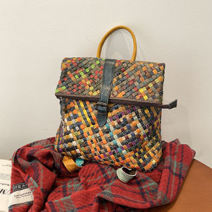 Bohemian Style Colorful Leather Backpack Handwoven Womens Travel Bag Fashionable Trendy Shoulder Bag with Zipper Closure