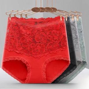 Red Lace Pure Cotton High Waist Triangle Panties Womens Underwear Abs Slimming Briefs Dragon Year Underpants Bridal Panties