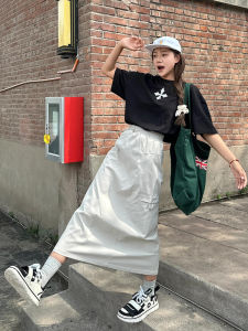 American Retro Workwear กระโปรง High เอว Midi ทรงเอ เดรส สําหรับรูปลูกแพร์ พลัสไซส์ ผู้หญิง ฤดูร้อน เดินทางสีบริสุทธิ์ กระโปรง S