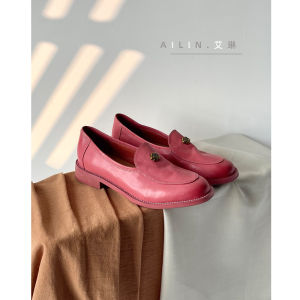 Ailin Handmade Washed Horsehide British Style round Toe Chunky Heel Slip-On Loafers Pink Fashion Single Shoes for Young Women