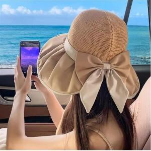 Womens Summer Outdoor Fishing Cap UV Protection Sunshade Hat Colorful Glue Butterfly Knot Large Brim Casual Style Polyester Fiber
