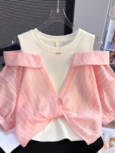 Girls Summer Shirt Short Sleeve Fashionable Korean Style Childrens Clothing Cotton Material round Neck Basic Packaging Striped Pattern