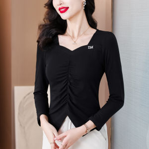 MAIMEI | Slim Fit V-Neck Black Short Sleeve T-Shirt Womens Fashion Summer New Style Shoulder Lengthened Slimming Small Size Trendy Top