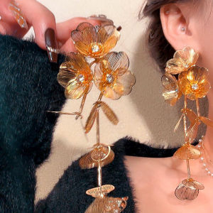 New Gold Tassel Flower Earrings Womens Fashion Exaggerated Personality High-End Small Audience Ear Jewelry Face Slimming