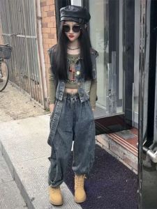 Girls Spring Autumn Korean Style Rivet Long Sleeve Denim Vest Set Wide Leg Pants Childrens Fashion Cool Medium Large Toddler