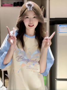 American Style Three Bars Short Sleeve T-Shirt for Teenage Girls Loose Shoulder Insertion Summer Cotton round Neck Top