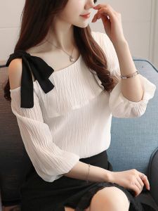 Womens Summer New Style Sleeveless Shirt Lantern Sleeve Chiffon Top Shoulder Bared T-Shirt Retro Commute Loose Fit Pure Color