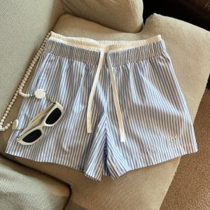 GUZILIAN | Quần Short Sọc Dây Đai Cao Giảm Béo Phong Cách Nghỉ Dưỡng