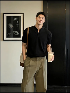 Mens Casual Short Sleeve V-Neck Polo Shirt Summer Slim fit Soft Lightweight Top