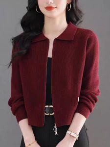 Womens Knitted Wool Sweater Double Zipper Short Style Collar Spring Autumn New Arrival Casual Loose Fit Long Sleeve Top