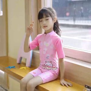 Short Sleeve Girls Swimsuits One Piece Rash Guard with Zipper Quick Dry Boys Bathing Suit Beachwear 4-10 Years