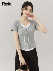 puella | Summer Two Pieces Bow-knot Short Sleeve T-shirt Female Fitted