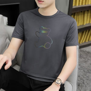 เสื้อยืดแขนสั้นผ้าไหมน้ำแข็งโมดอลสำหรับผู้ชาย ทรงหลวม ระบายอากาศได้ดี แห้งเร็ว ทรงพอดีตัว แฟชั่นฤดูร้อน ปักลาย เสื้อยืดคอตตอนผสมโพลีเอสเตอร์