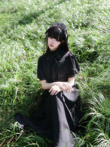 ชุดเดรสยาวผ้าลูกไม้สไตล์ฝรั่งเศสย้อนยุค Muggle Studio ดีไซน์ดั้งเดิม กระโปรงทรงเอเอวสูง แขนสั้น สีพื้น ซิป