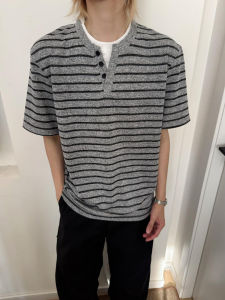 ZHUOCAN | Henley V-Neck Stripe T-Shirt
