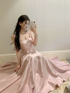 Elegant French Style Pink Satin Strapless Dress Womens Summer New Pure Desire Beach Vacation Long Skirt V-neck A-line Dress