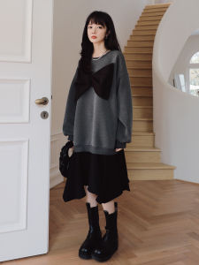 ชุดเดรสสเวตเตอร์ยาวสไตล์ฝรั่งเศสสำหรับผู้หญิงไซส์ใหญ่ แขนยาว ทรงหลวม 2 ชิ้น แฟชั่นฤดูใบไม้ร่วง ชุดเดรสสเวตเตอร์แบบสวมหัว