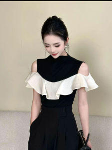 ZHILU | Áo Thun Dáng Không Đối Xứng Voan Off-shoulder Ôm Thoáng Khí