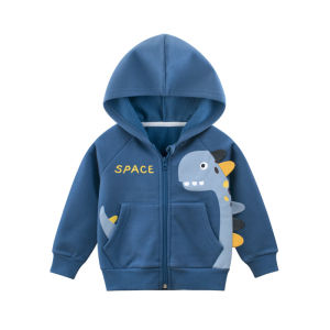 New Spring Autumn Fleece Lined Jacket for Boys Childrens Clothing Cartoon Animal Print Warm Casual Style Zipper Closure Cotton Blend