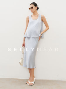 SELLYNEAR | ชุดฤดูร้อนสำหรับคุณแม่ Sellynear 2025 ชุดเสื้อและกระโปรงผ้าซาตินเนื้อนุ่มเนื้อไม่สะท้อนแสง ชุดสองชิ้น สไตล์หรูหรา