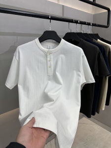 Washed Pure Cotton Short Sleeve T-Shirt Henry Collar American Retro Style Summer Mens Basic Solid Color Versatile Comfortable Breathable