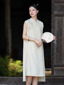 New 2025 Womens Summer Cotton Lin Dress Traditional Chinese Style Sleeveless Qipao Dress Natural Waist Elegant Pure Color