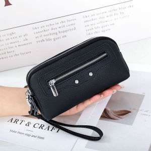 Fashionable Three-Layer Zipper Long Leather Clutch Ladies Motorcycle Style Mobile Phone Bag