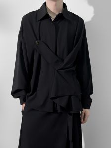 Dark Yamamoto Style Niche Style Shirt Mens and Womens Same Style Loose and Irregular Button Side Decoration Ice Silk Long Sleeve Shirt Fashion