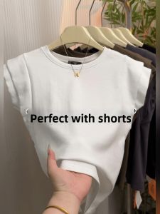 Fashionable White round Neck Short Sleeve T-Shirt Womens Slim Fit Summer New Design Sensation Fleece Sleeve Top Korean Style