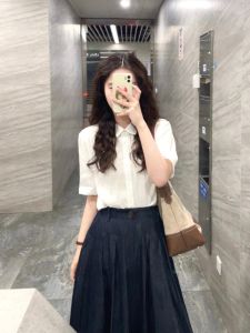 VKSOD | Korean Style White Short Sleeve Polo Collar Loose Womens Shirt Summer Vintage Two-Piece Set With Slimming Half-length Skirt