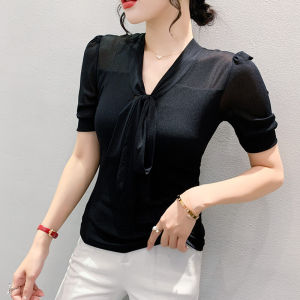 Áo Thun Lưới Cổ Chữ V Gợi Cảm Cho Nữ Tay Ngắn Mùa Hè 2024 Thiết Kế Mới Cảm Giác Độc Đáo Bó Sát Phong Cách Pháp Hàng Đầu