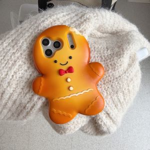 3D Cute Gingerbread Man Phone Case for iPhone 17 16 15 14 13 Pro Max Bowknot Cookie Soft Silicone Cover New Year Xmas Gifts