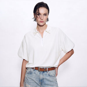 AMII | Summer Casual Collared Hand-beaded Zipper T-Shirt Women Drop Shoulder Floral Hem Top