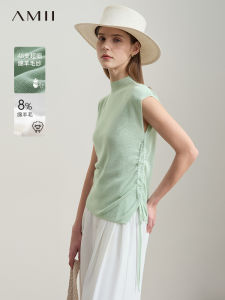 Amii Summer New Minimalist Solid Color Slim Fit Half High Collar Side Drawstring High Spun Knitted Top Womens Fashion
