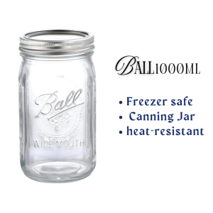 BALL Wide Mouth Mason Jars with Airtight Lids Freezing Microwave & Dishwasher Safe (1000ML)