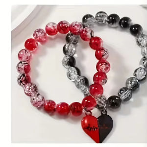 2Pcs Romantic ECG Heart Charms Couple Bracelet For Lover Women Men Magnetic Red Black Beaded Bracelets Party Gifts